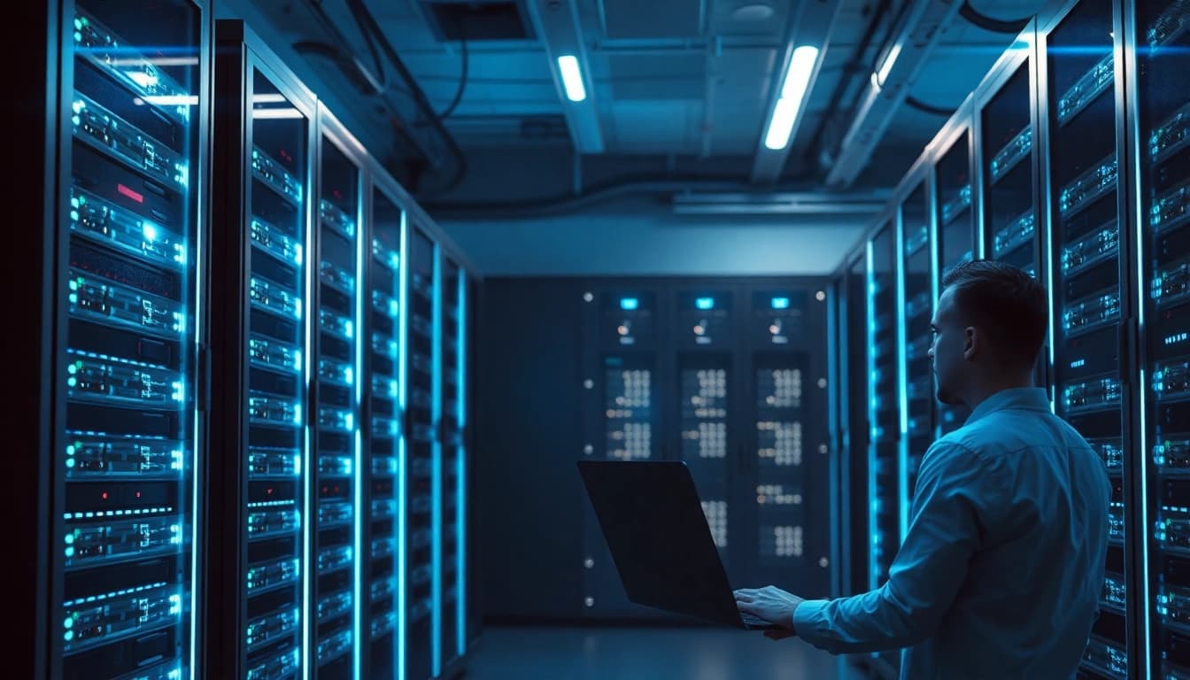 Monitor a secure server room specializing in adult hosting, highlighting technology and efficiency.