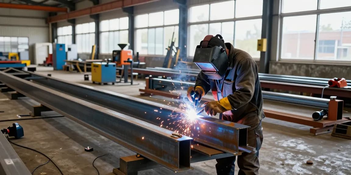Welding steel beams in a modern workshop by a commercial steel company.