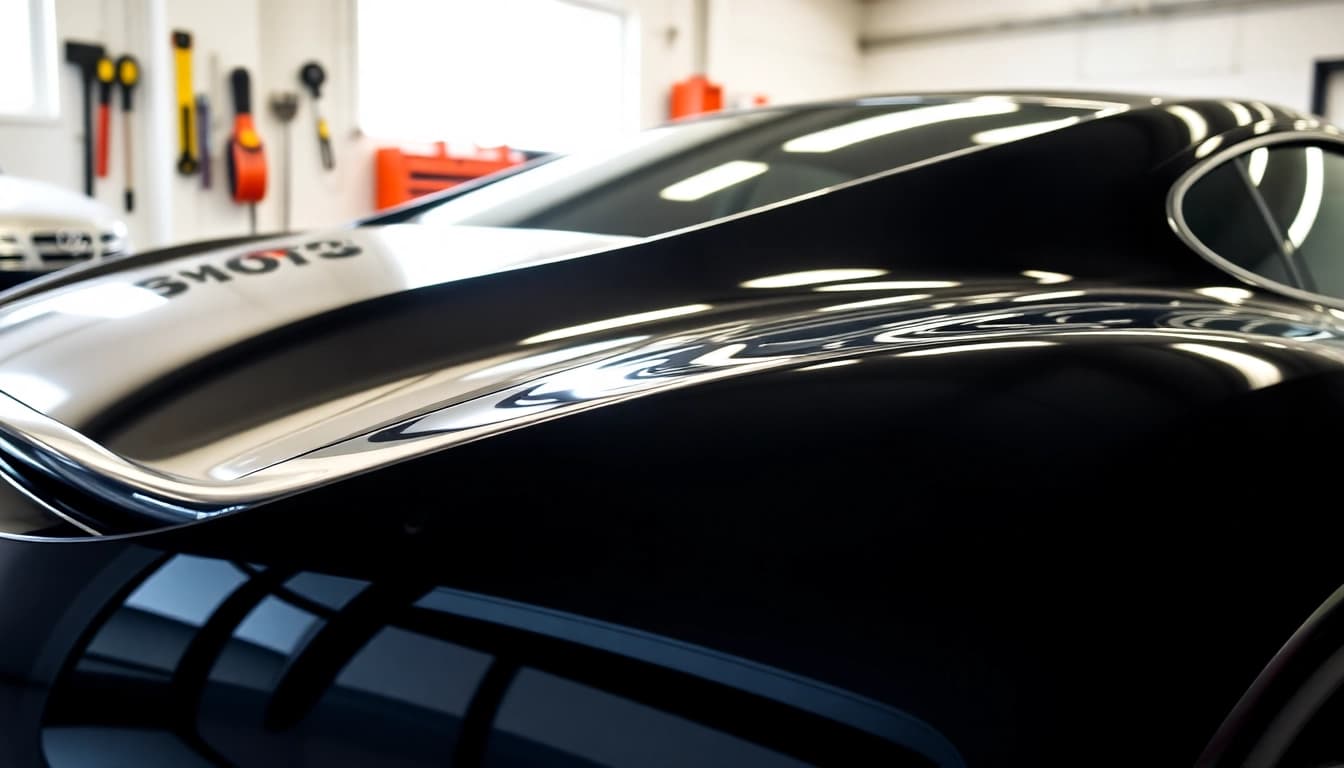 Applying PPF Chattanooga on a sleek black sports car in a professional workshop
