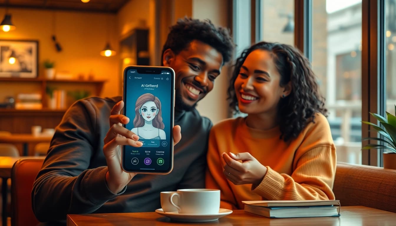 Engaging young couple in a café chatting with their girlfriend AI on a smartphone screen.