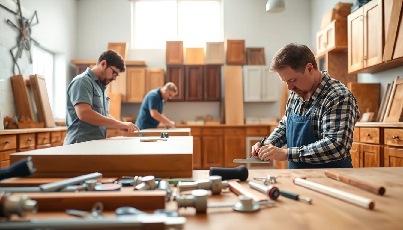 Cabinet Refacing Largo FL in action with skilled craftsmen reworking cabinetry.