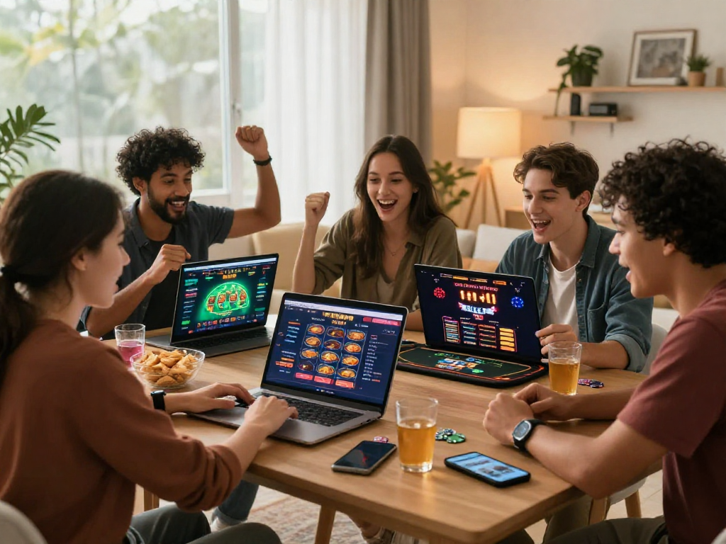 Friends enjoying gambleonline activities at home with laptops and snacks