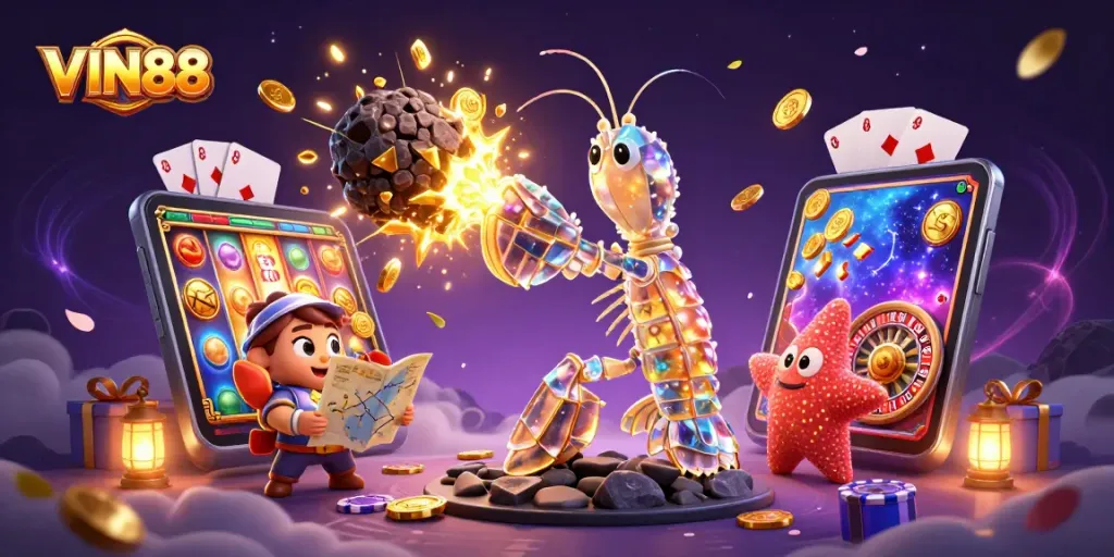 VIN88 captures excitement with a galactic samurai shrimp battling for treasures in a vibrant casino scene.