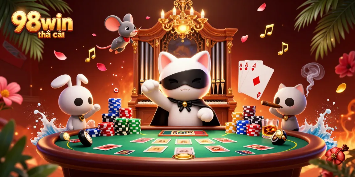 Experience the thrill of gaming at 98win nhà cái with poker tables and vibrant casino elements.