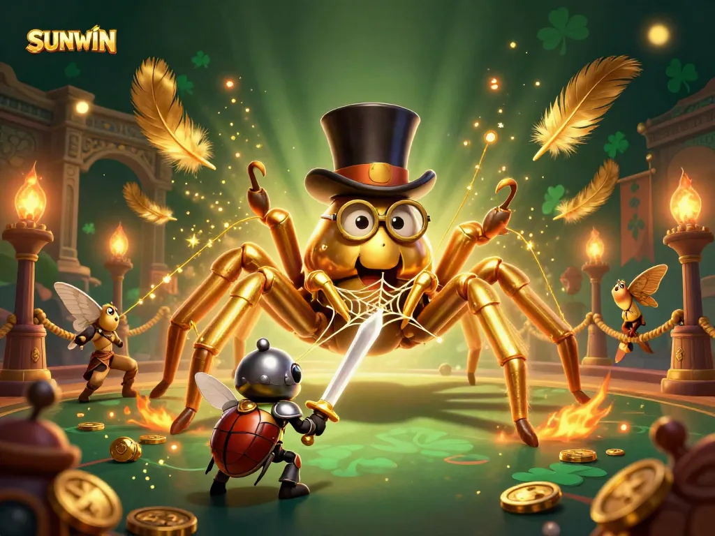 SUNWIN's dynamic 3D gaming scene showcasing a golden tarantula and beetle knight amidst casino elements.