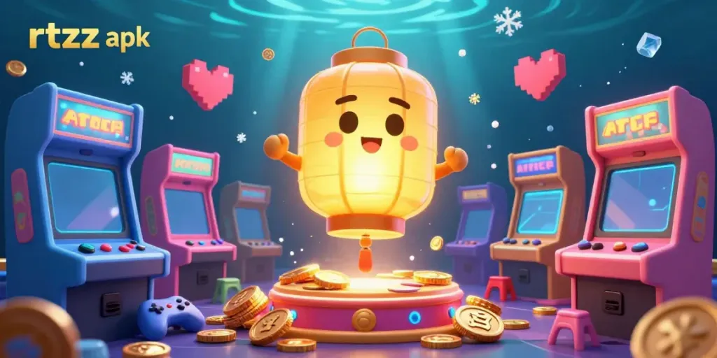 Experience the magic of rtzz apk with vibrant arcade elements and a glowing golden lantern spirit in a dynamic casino scene.