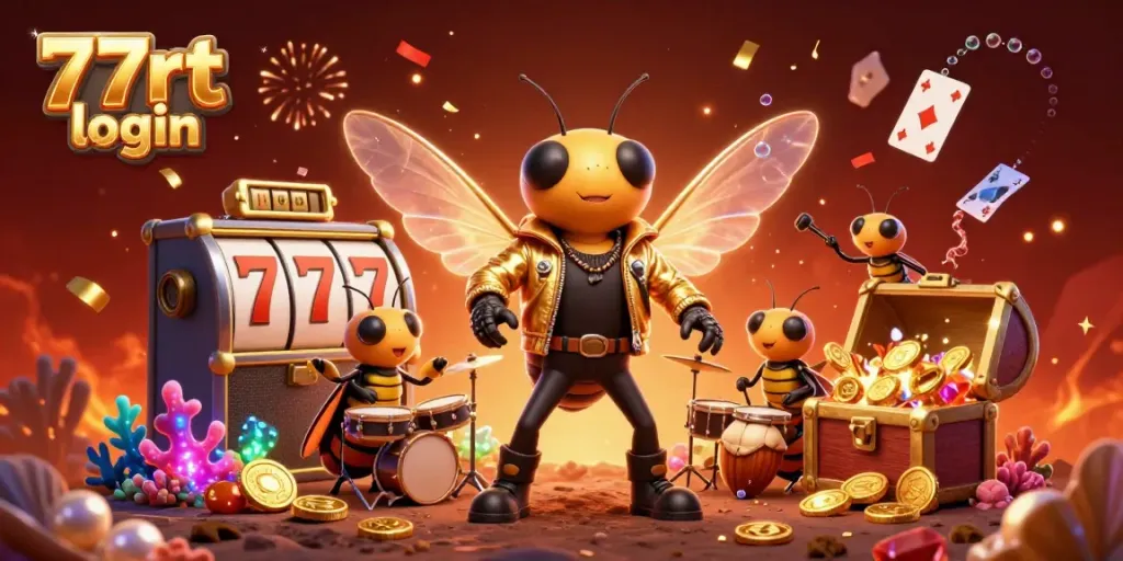 Experience exciting gaming with 77rt login in this vibrant casino scene filled with gold coins and slot reels.