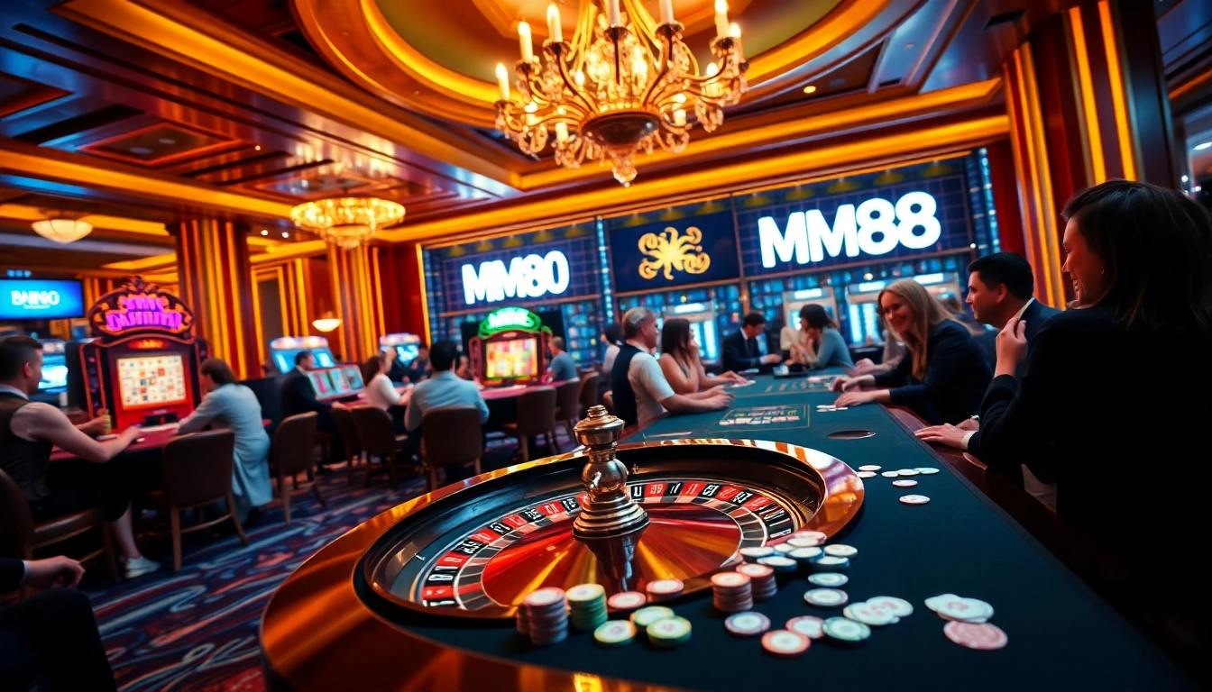 Exciting casino gameplay featuring MM88 branding amidst poker chips and roulette.