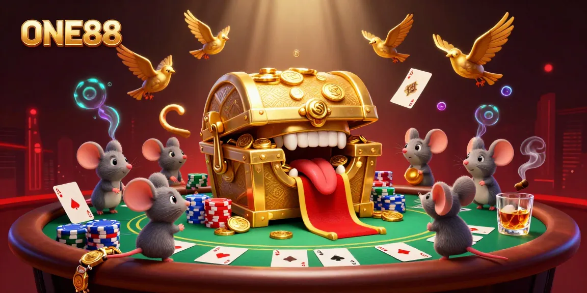 ONE88 showcases an exhilarating poker scene with a treasure chest attractively beckoning adventurer mice amidst vibrant casino elements.