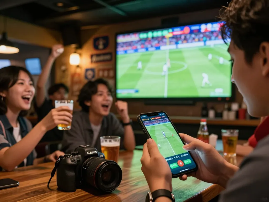 Excited gambler using thể thao 789win app for sports betting during a game