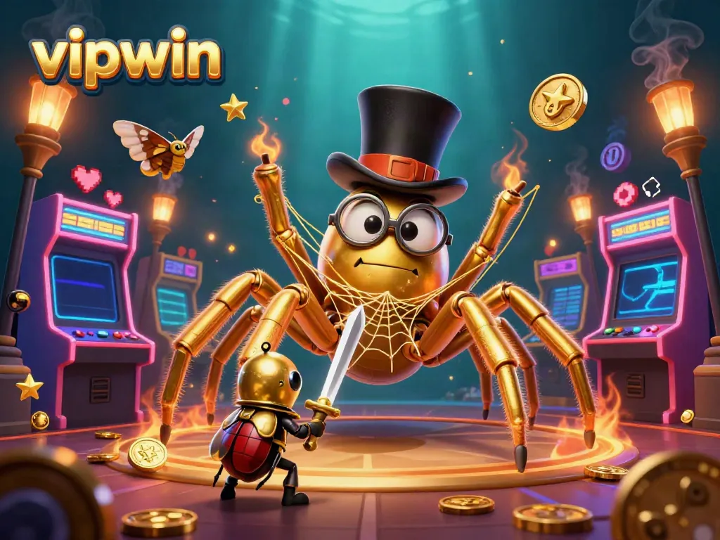 Experience the vibrant adventure of vipwin with a cartoon tarantula weaving golden threads in a thrilling casino setting.