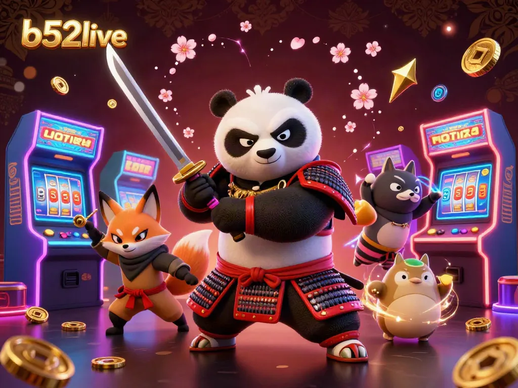Bets with b52live featuring samurai panda and ninja fox in a dynamic casino scene.