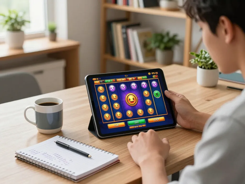 Engaged player enjoying slot gacor online games at home, displaying strategic gameplay and betting notes.