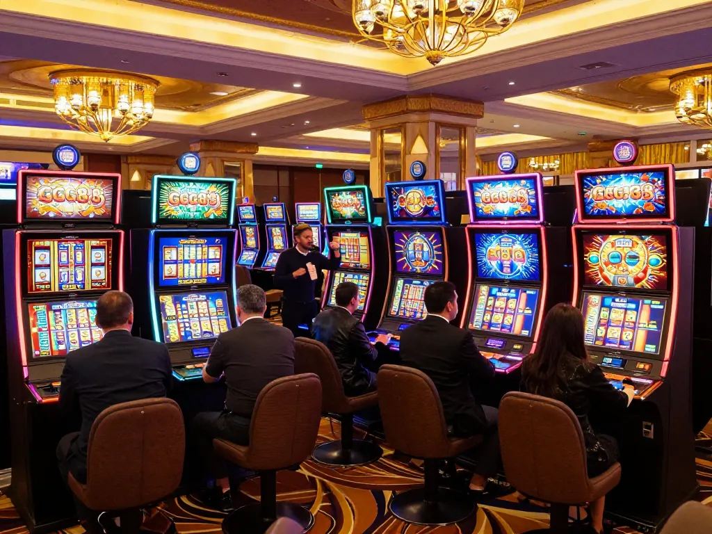 Players enjoying the dynamic gg88 slot machines in a vibrant, upscale casino atmosphere.