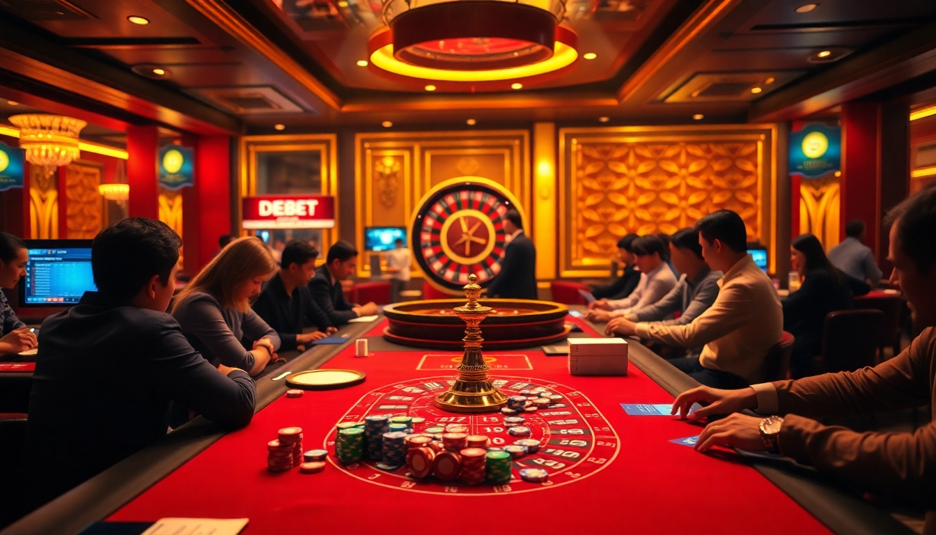 Experience the thrill of Nhà cái DEBET at an elegant casino table with vibrant betting action.