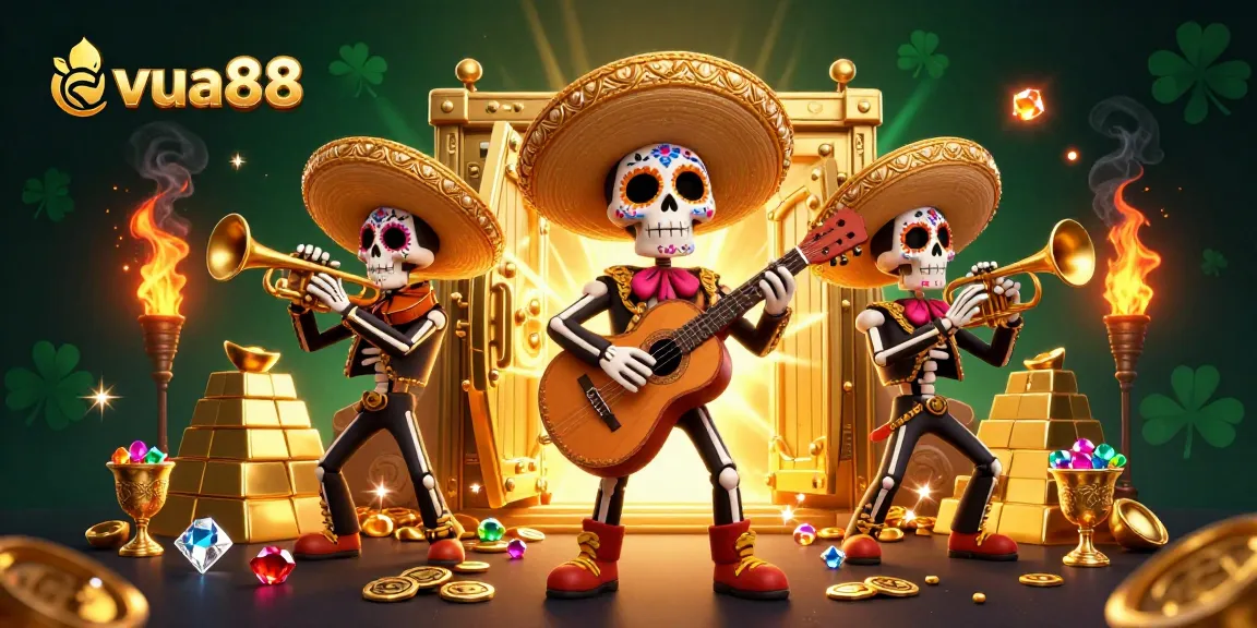 Experience vibrant winning gameplay at vua88 with a 3D mariachi band amidst treasures and gold.