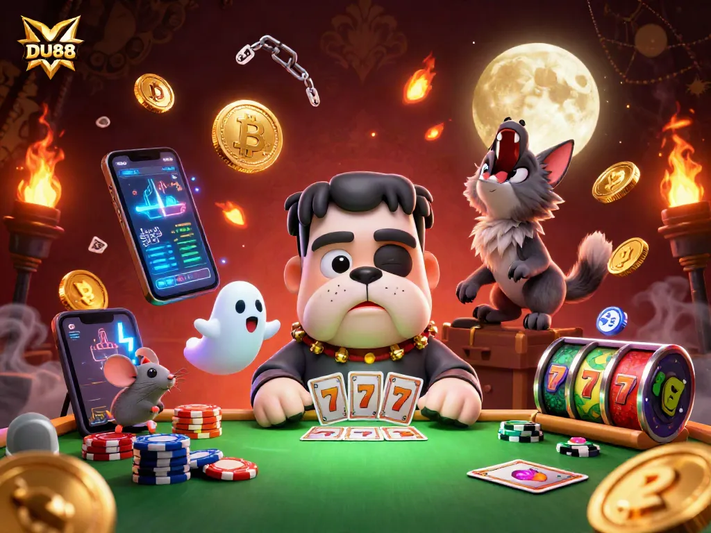 DU88 showcases a Frankenstein bulldog distributing cards at a casino table, blending spooky and gaming elements.