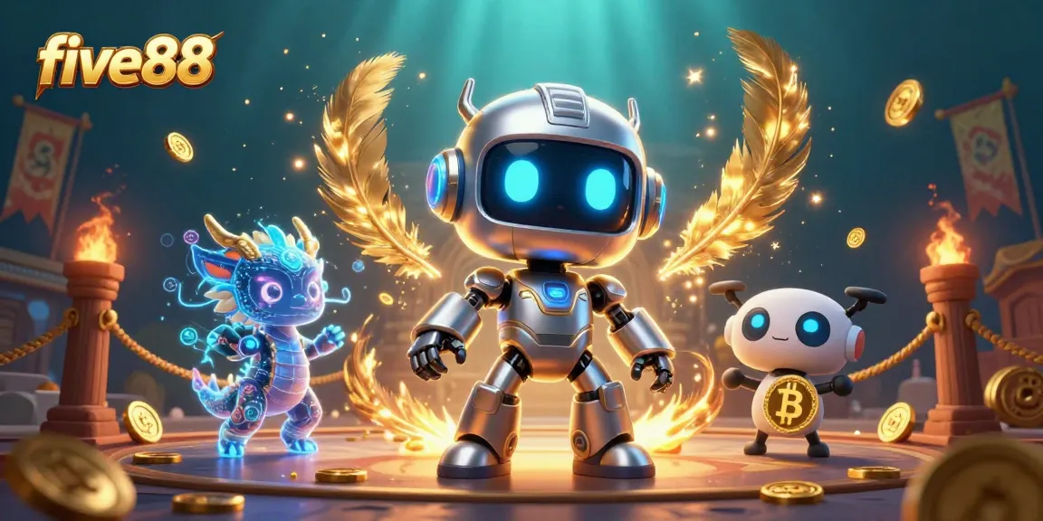 Experience the thrill of five88 with a vibrant 3D scene featuring a cyberpunk robot, a holographic dragon, and bitcoin.