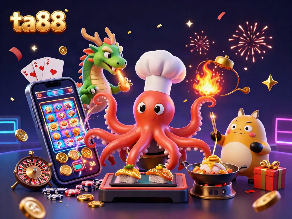 Engage with ta88's vibrant casino atmosphere featuring a lively octopus chef, dragon, and tanuki amidst dynamic gaming elements.