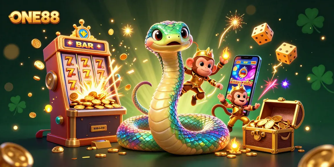 Play thrilling casino games at ONE88 with vibrant visuals, slot machines, and golden wins!