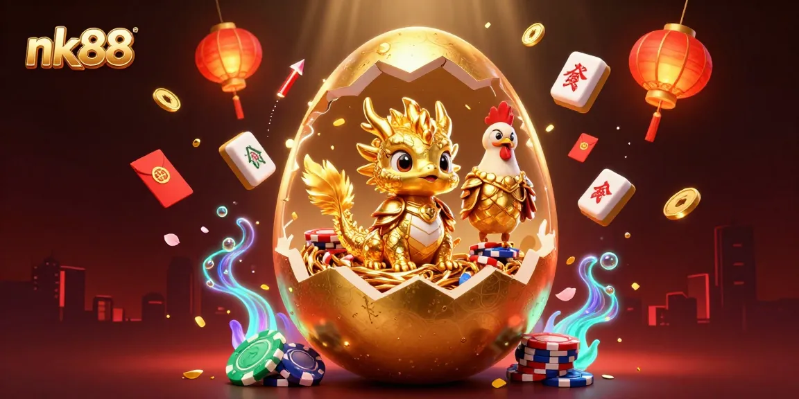Engage with nk88's vibrant casino atmosphere featuring golden dragon, poker chips, and festive decorations.