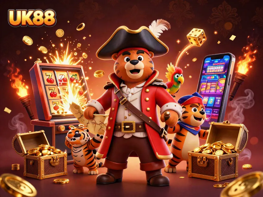 Spin and win big at UK88 with a vibrant digital illustration of a 3D pirate bear and tiger celebrating mega jackpots.