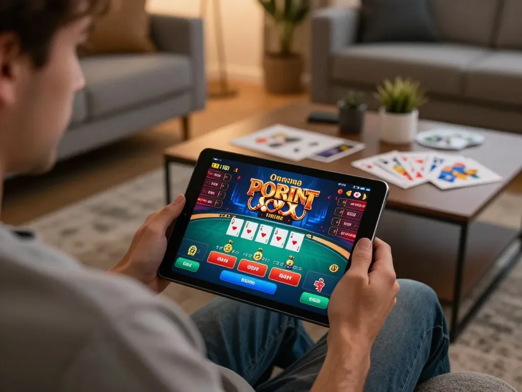 Player engaging in online poker gameplay on Jun88 tablet in a cozy living room.