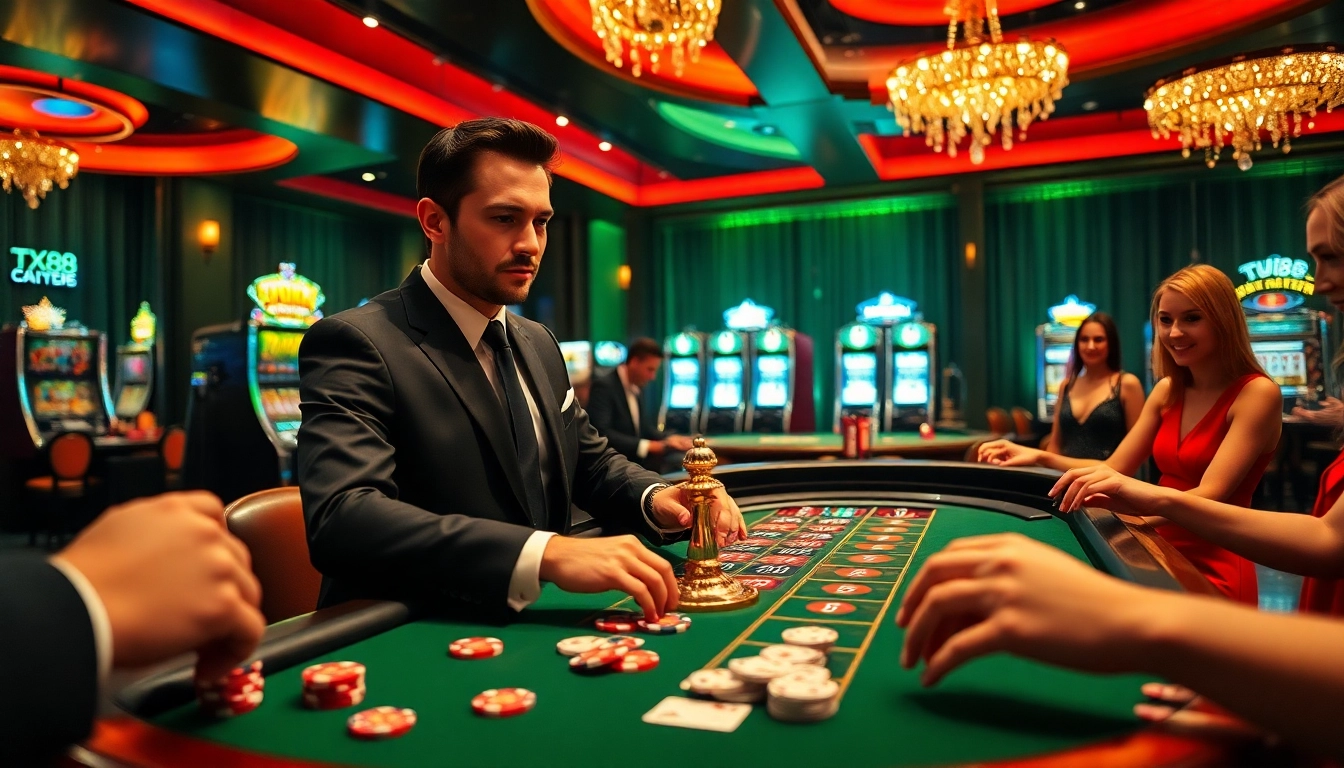 Experience the excitement of TX88 at a luxurious casino with vibrant roulette tables and eager players.