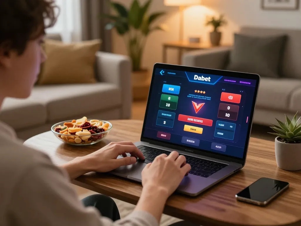 Link mới Dabet player enjoying online gaming experience on a laptop in cozy living room, showcasing strategic bets.