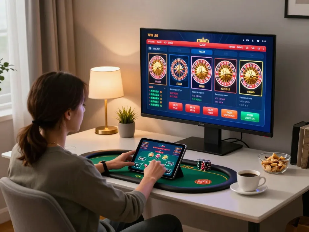 Player enjoying online casino games at home, featuring site australia for strategic betting.