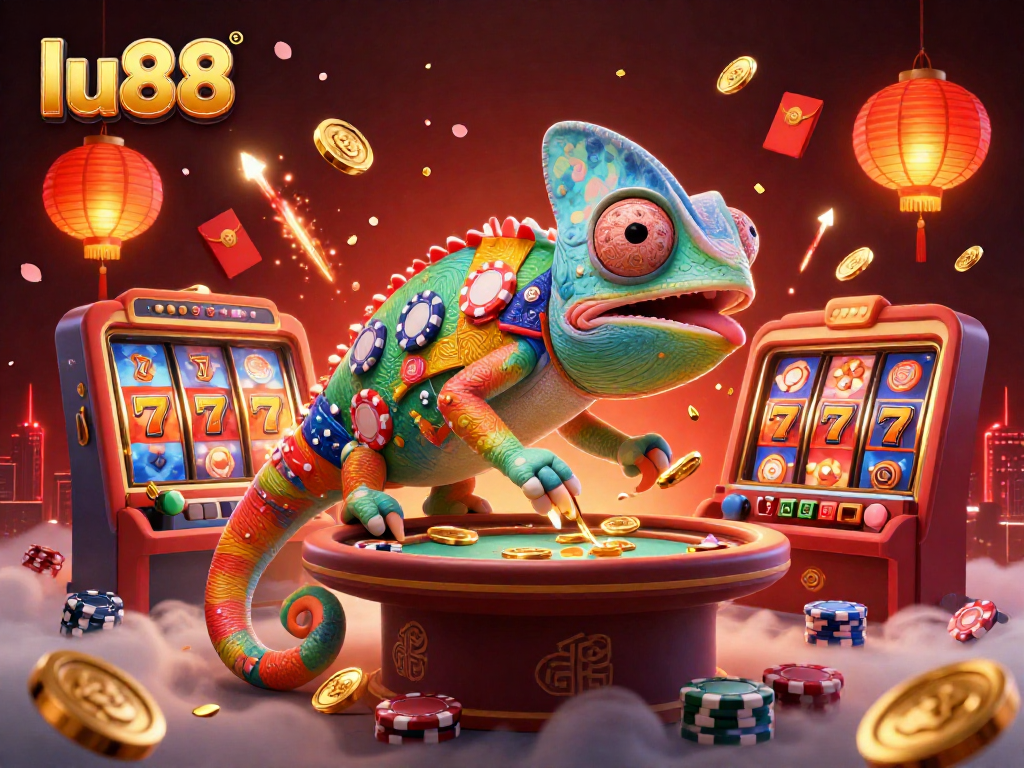 Experience thrilling entertainment at lu88 with vibrant slots and a lively chameleon casino owner.