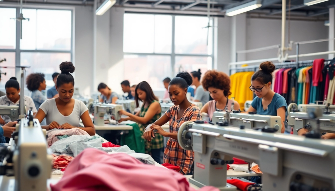 Clothing manufacturers in China showcasing skilled artisans working with vibrant fabrics.