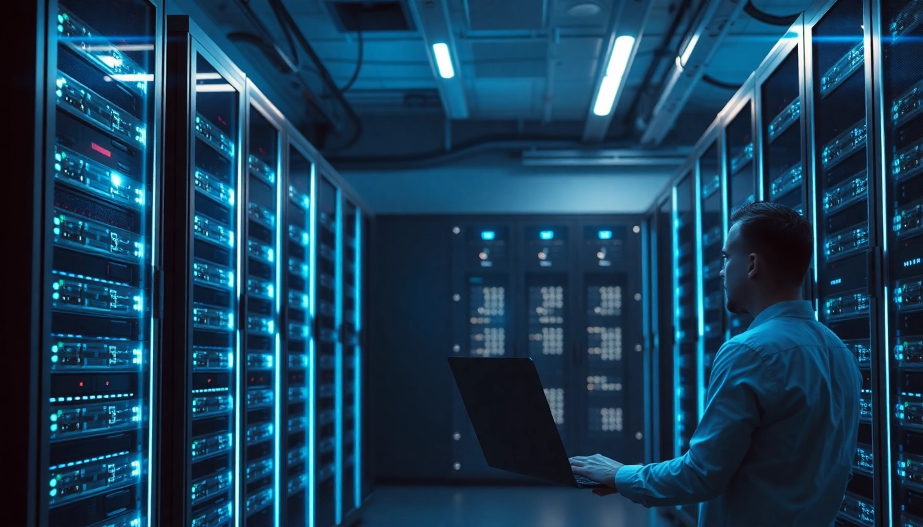 Monitor a secure server room specializing in adult hosting, highlighting technology and efficiency.