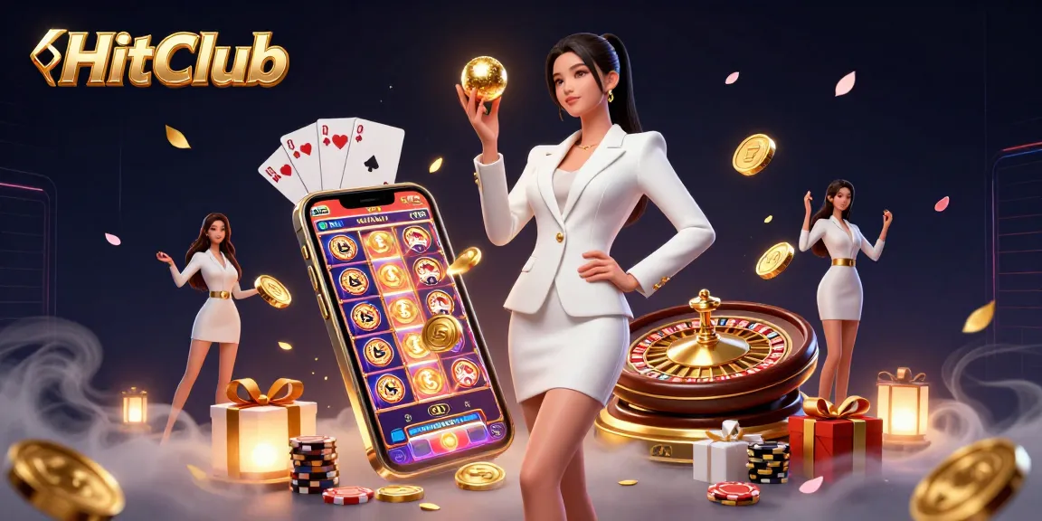 Experience the thrilling world of HitClub gaming with an elegant Asian woman at a luxurious casino.