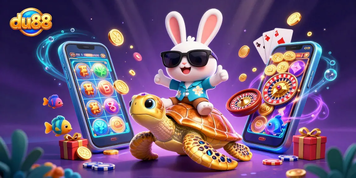 Experience du88's thrilling gaming world with a lucky rabbit and golden turtle symbolizing win.