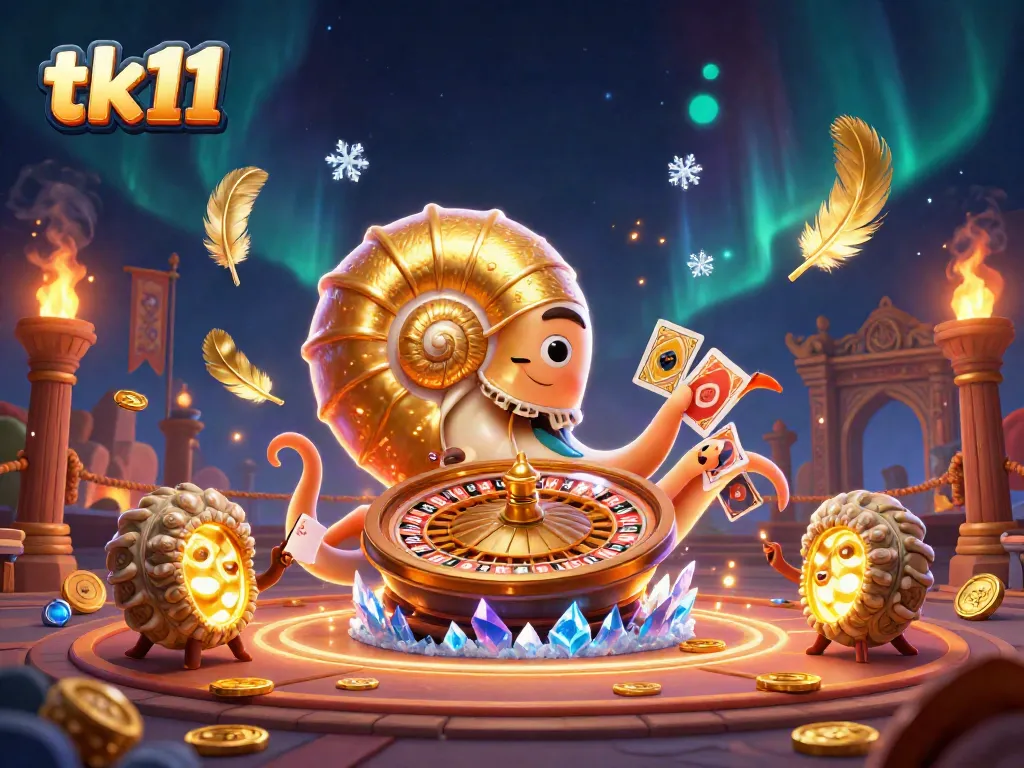 Spin the roulette with tk11's 3D cartoon nautilus and glowing ammonite companions in a vibrant casino illustration.