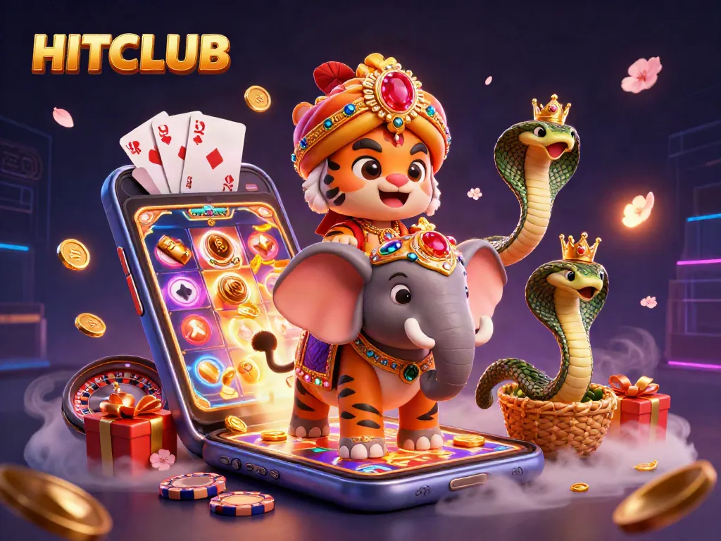 HITCLUB showcases vibrant gaming experience with a tiger maharaja and a jewel elephant in action.