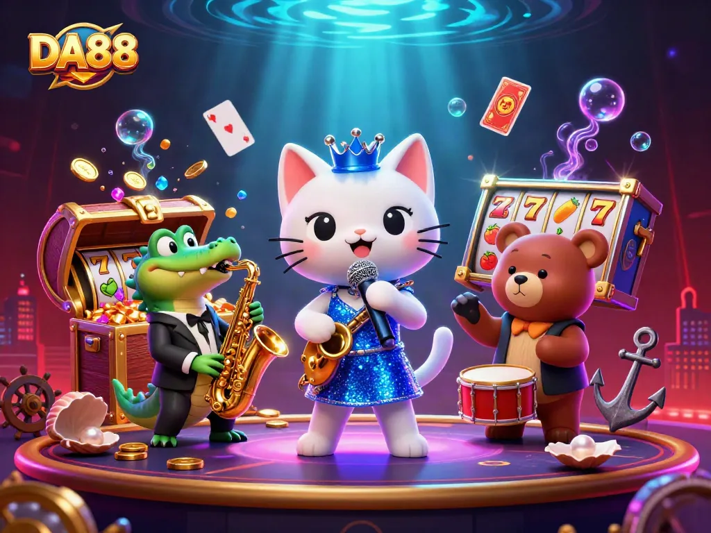 Experience DA88's thrilling casino atmosphere with a jazz-singer cat, saxophone crocodile, and a drum-playing bear.