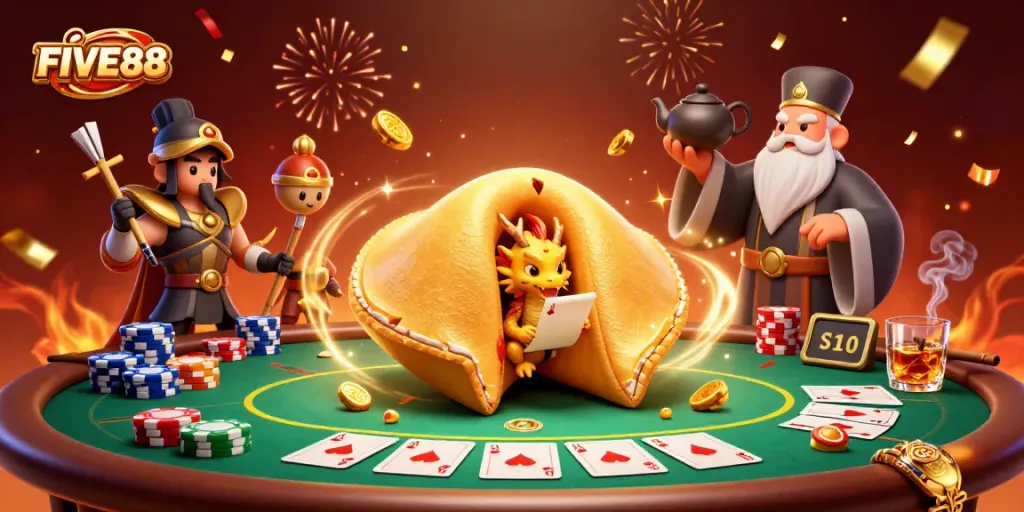 Join the excitement at FIVE88 with a golden fortune cookie and dynamic poker elements.