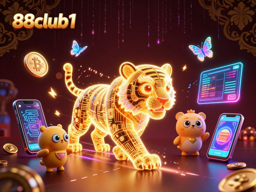 Engage with thrilling games at 88club1's vibrant digital casino, featuring a neon tiger and cryptocurrency elements.