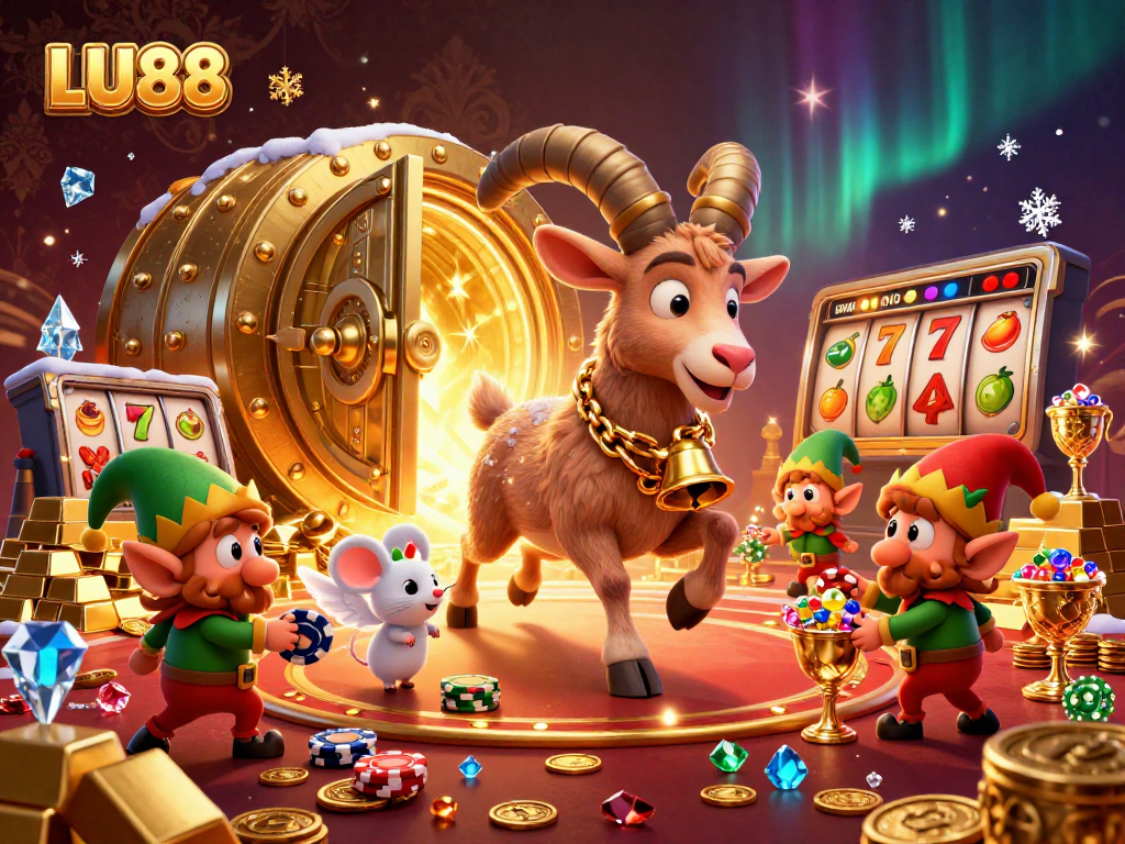 Experience thrilling gaming with LU88's vibrant holiday-themed casino illustration featuring colorful characters.