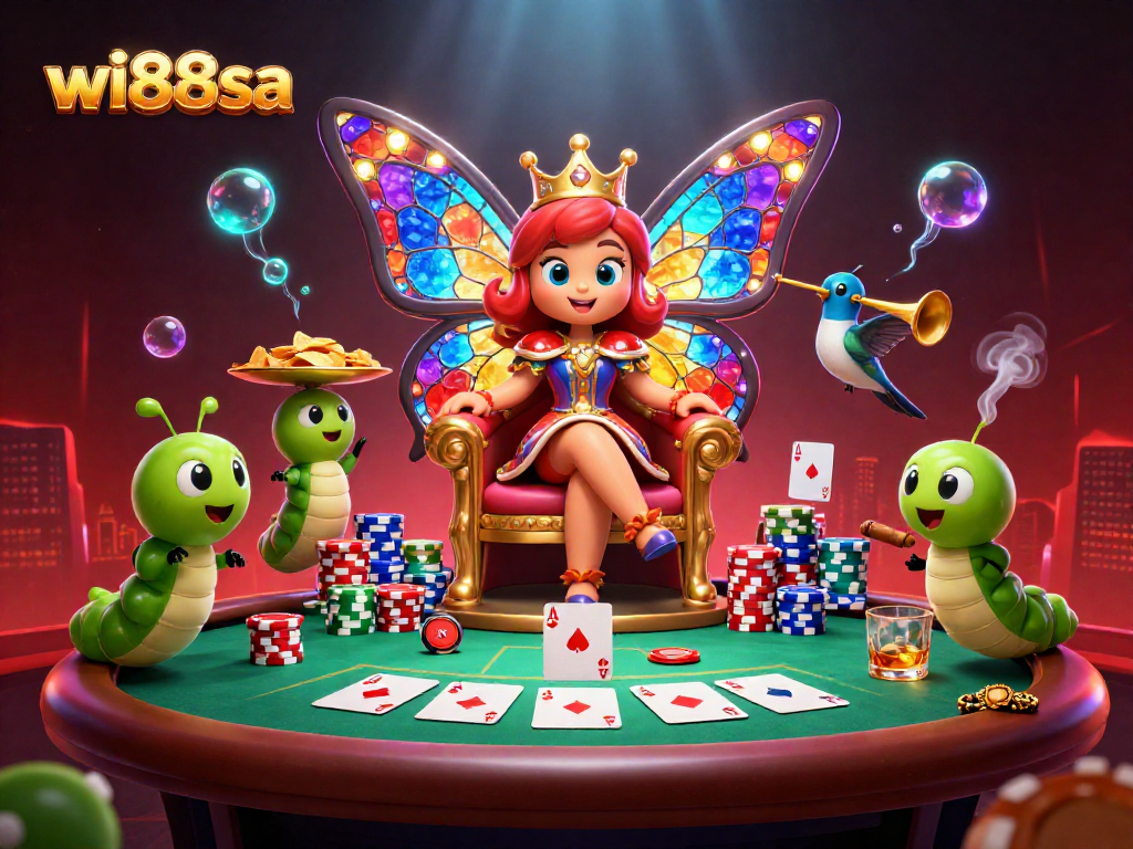 Experience exciting wins at wi88sa with colorful poker elements and a vibrant queen illustration.