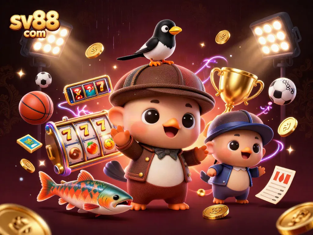 Engage in thrilling gameplay at sv88 com with a lively 3D illustration featuring Nessie and friends enjoying slots and jackpot fun.