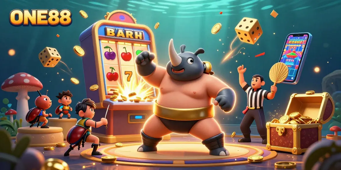 Experience the thrill of ONE88 with a 3D sumo beetle and vibrant casino elements!