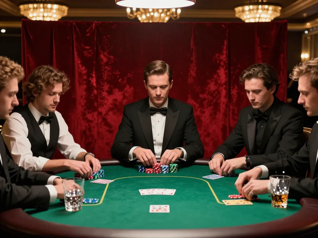 Players strategize in a high-stakes poker game at TA88 casino, showcasing vibrant chips and elegant decor.