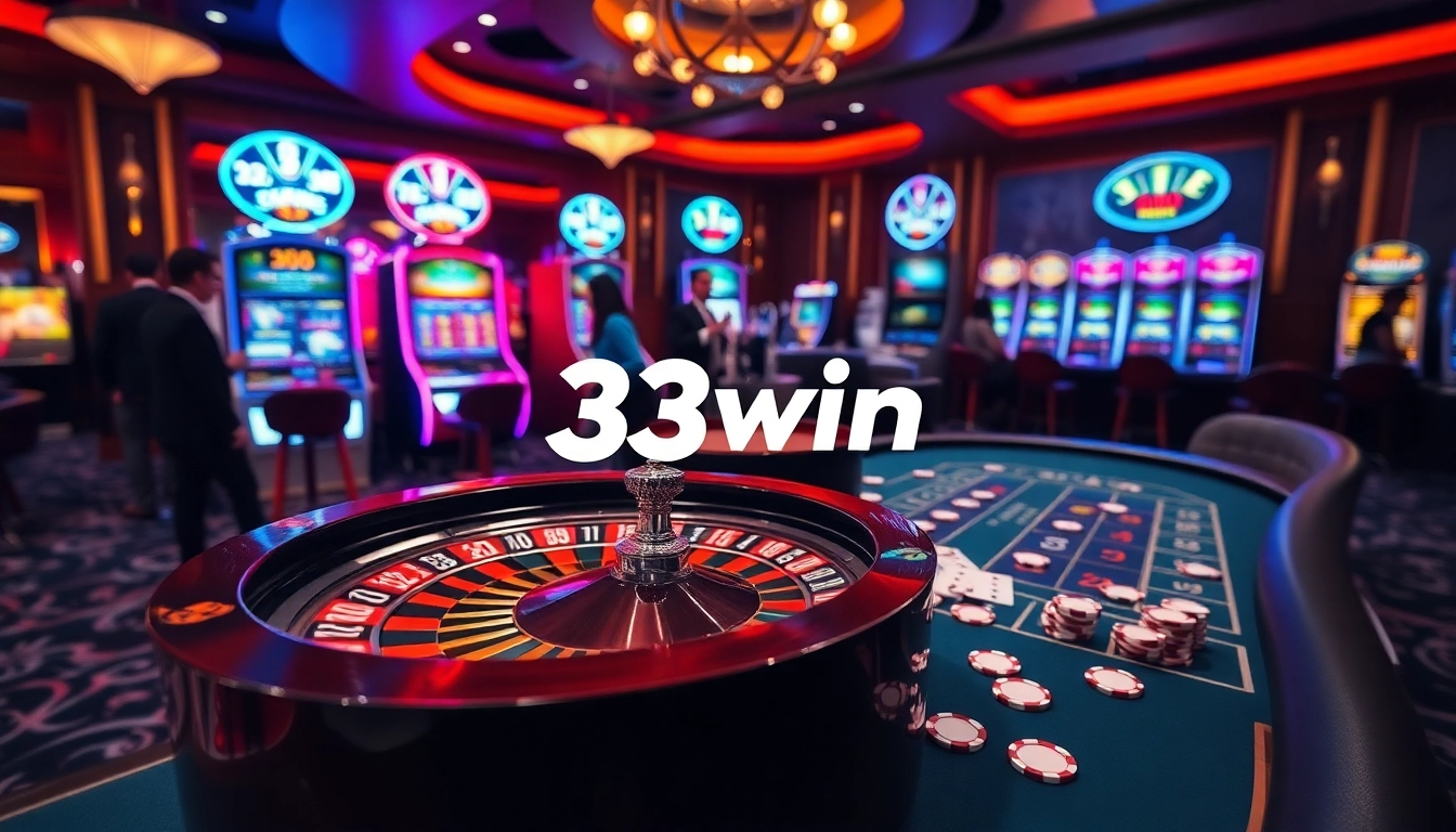 Exciting casino scene at 33win with players engaged and roulette wheel spinning.