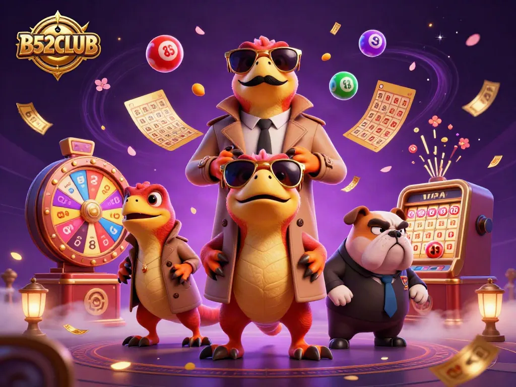 Experience B52CLUB with cartoon raptors entering a casino surrounded by vibrant lottery elements.