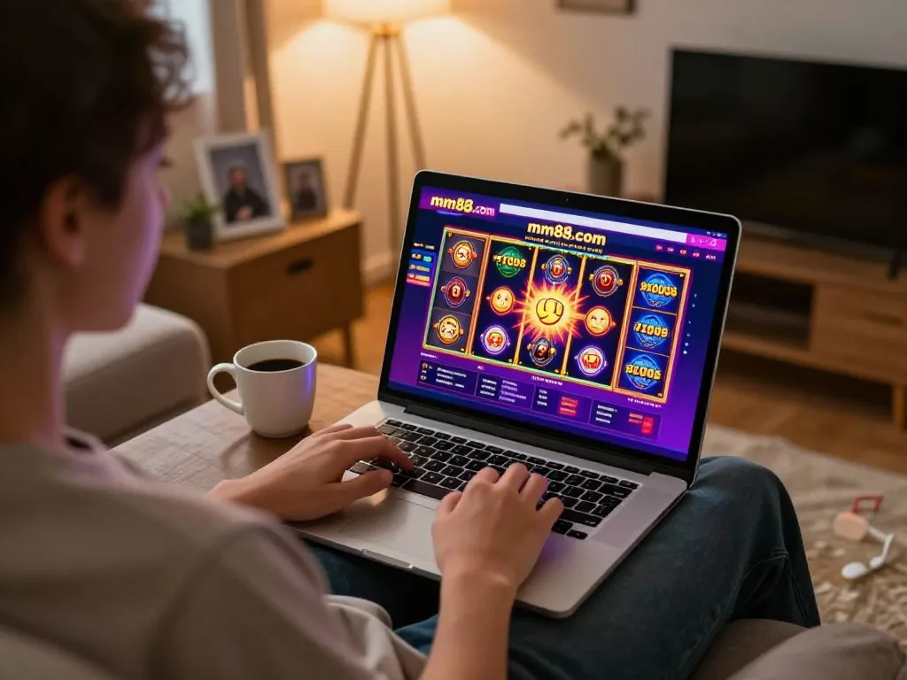 Player enjoying a successful gaming session on mm88.com, engaged with vibrant slot game visuals on laptop.