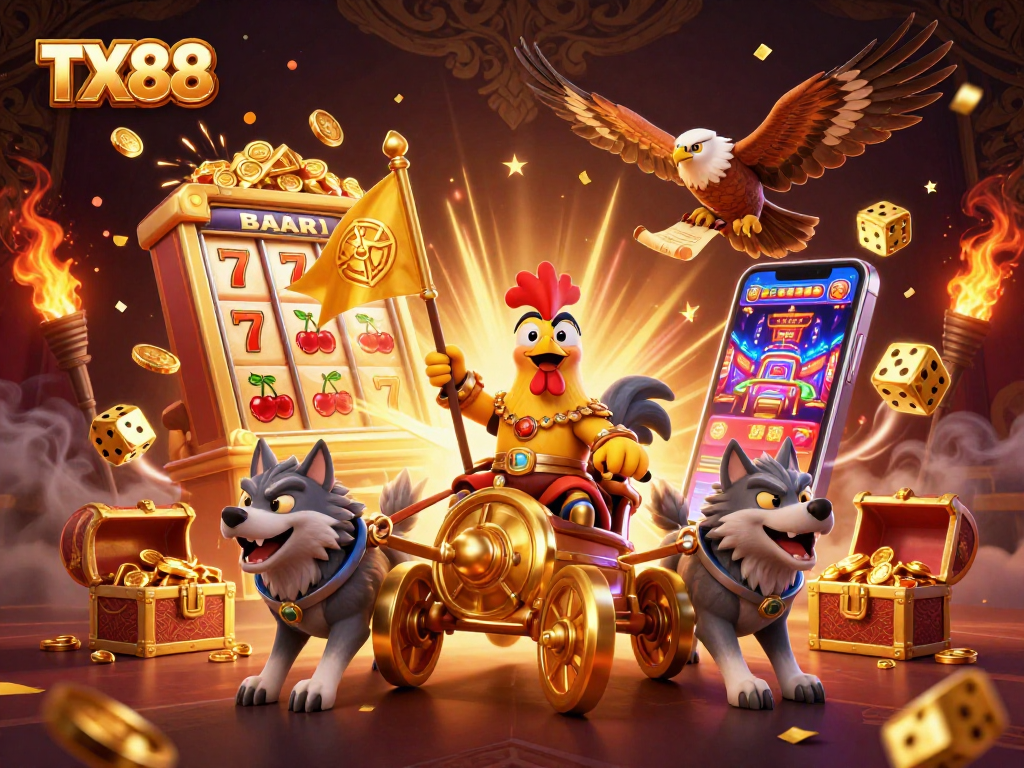 Experience the excitement of TX88 with a 3D cartoon illustration featuring a rooster warlord, casino games, and golden elements.
