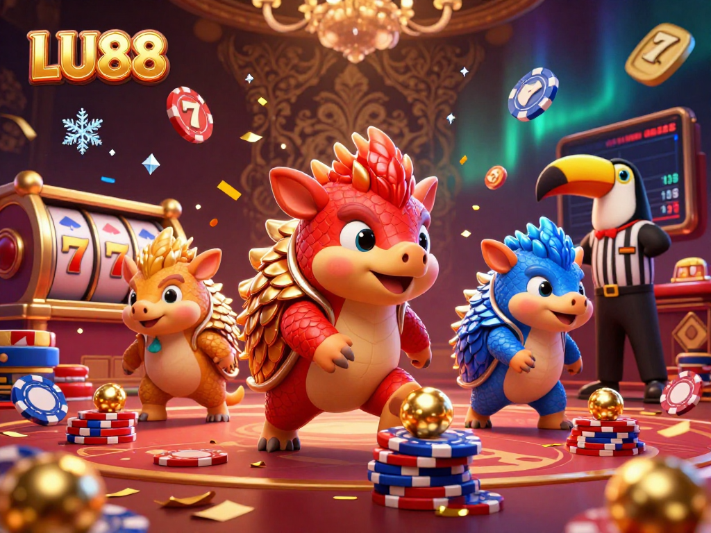 LU88 pangolins compete in a lively slot game scene with vibrant casino elements and gold treasures.